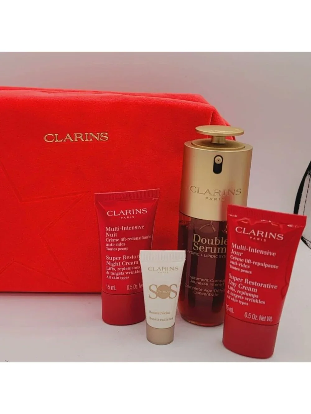 Clarins Double Serum 50mL/1.7oz Gift Set + Day & Night Creams + Red Pouch